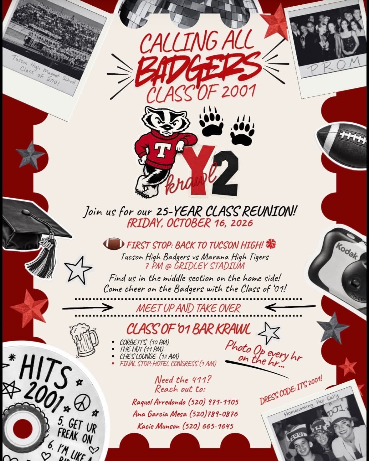 Official Class of 2001 Friday flier: Back to 2001, the game and bar crawl