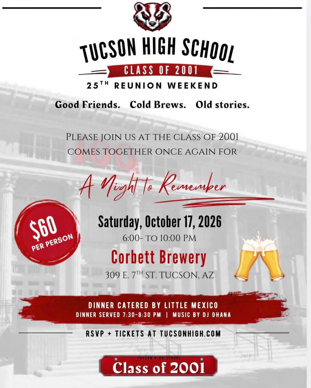 Official Class of 2001 Saturday flier: A Night to Remember at Corbett Brewery